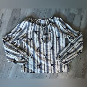 Peasant Blouse Women's Size S White Blue Stripe Floral Long Sleeve Bohemian Vibe